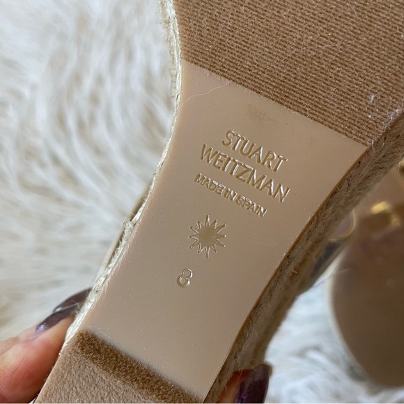 Stuart Weitzman Lexia Gold Metallic Textured-Leather Espadrille Wedge Sandals 8 - Picture 10 of 12